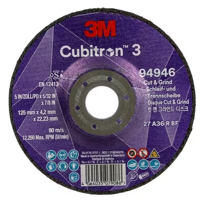 3M™ Cubitron™ 3 pjovimo ir šlifavimo diskas, 94946, 36+, T27, 125 mm x 4,2 mm x 22,23 mm