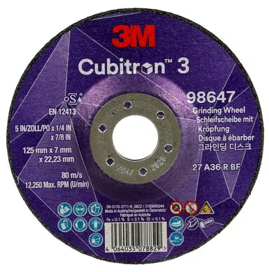 3M™ Cubitron™ 3 įspausto centro šlifavimo diskas, 98647, 36+, T27, 125 mm x 7 mm x 22,23 mm 